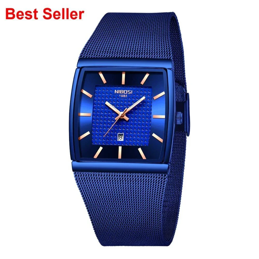 Stainless Steel Square Analog Quartz Watch with Mesh Strap